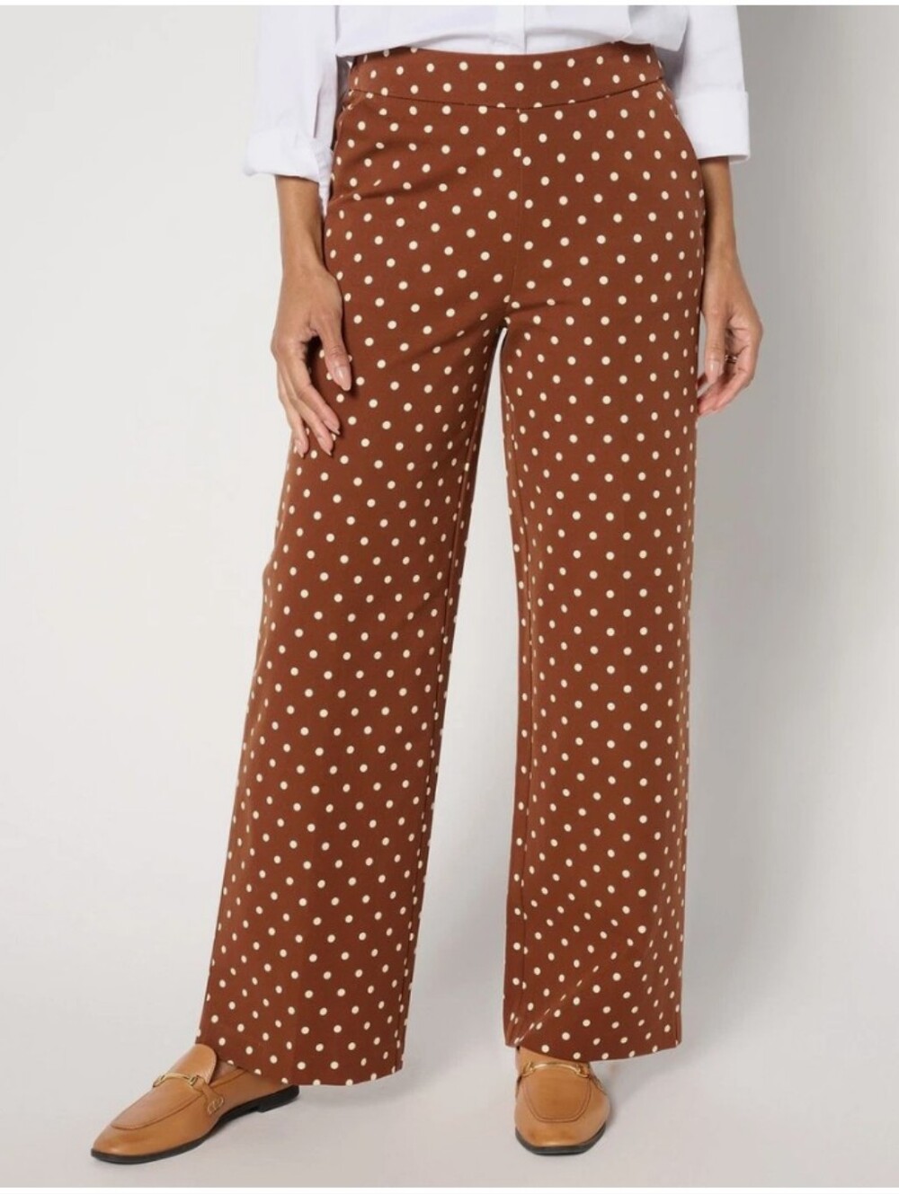 Issac Mizrahi NEW Plus Size 16 TALL: Polka Dot Wide-Leg Pants in Brown/Cream